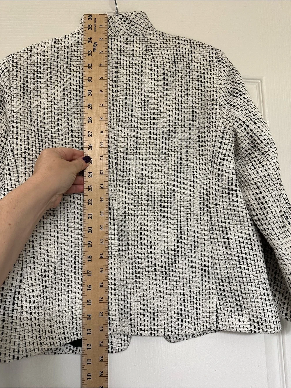 J.Crew Tweed Open Front Blazer Black White Collarless Jacket LP